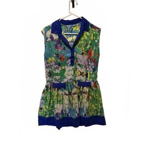 L Amour Sleeveless Floral Print Dress with Blue Collar and Pockets Sz S